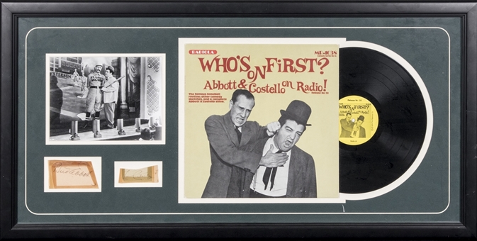 Bud Abbott and Lou Costello Autographed Cut in Frame Display with "Whose on First" Record (PSA/DNA)